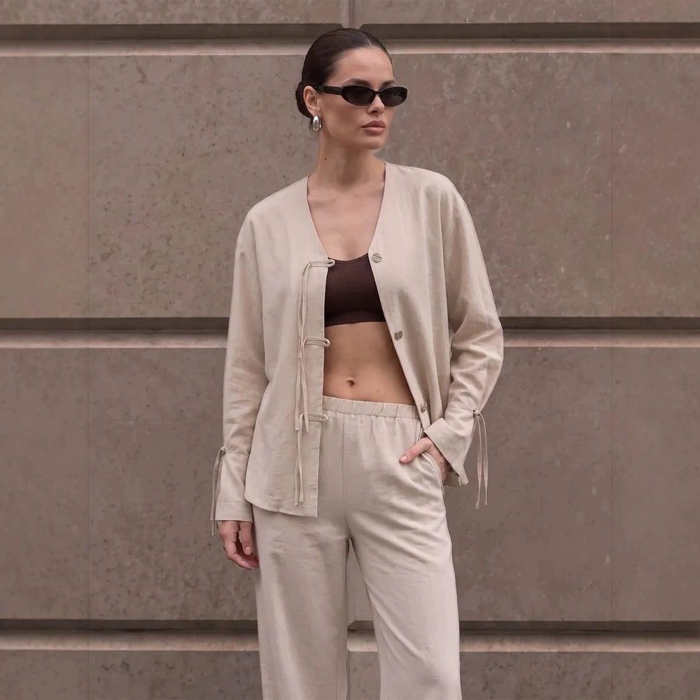 Women's Casual Lounge Set with V-Neck, Button Placket and Drawstrings Amarae