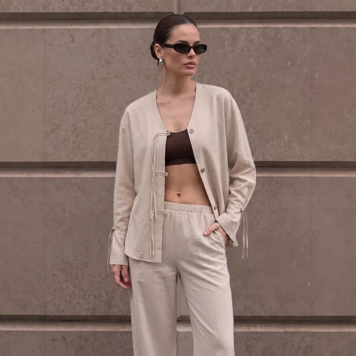 Women's Casual Lounge Set with V-Neck, Button Placket and Drawstrings Amarae