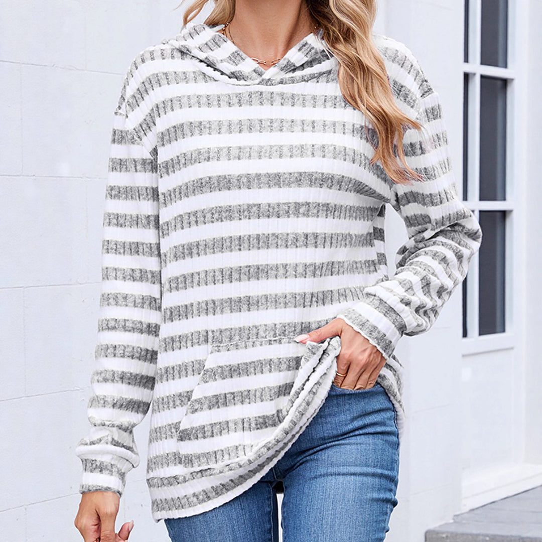 Women's hooded top with a casual striped pattern and a practical kangaroo pocket Lune London
