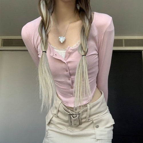 Women's Cropped Long Sleeve Shirt with Playful Button Placket Design and Refined Strap Details