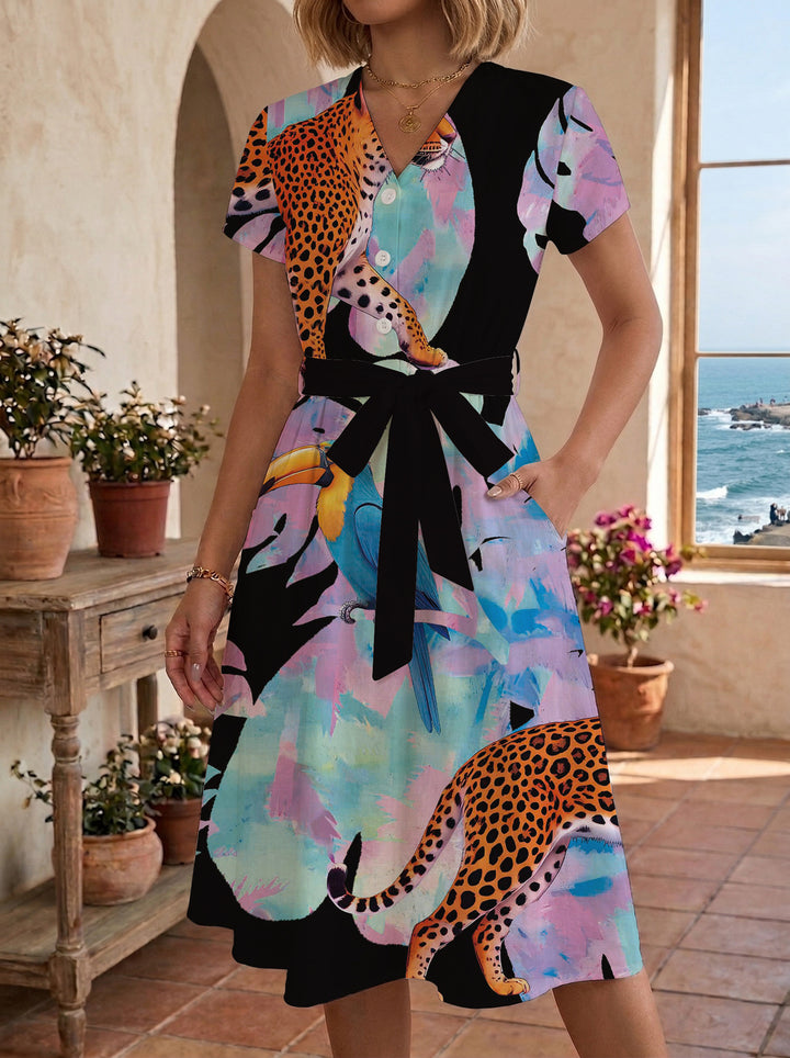 Women's Blooming Midi Dress with Adjustable Belt and Artistic Print Lune London