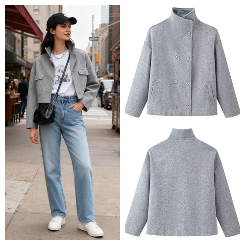 Veste en laine à la mode pour femmes avec col haut et patte à double bouton Chic & Stil