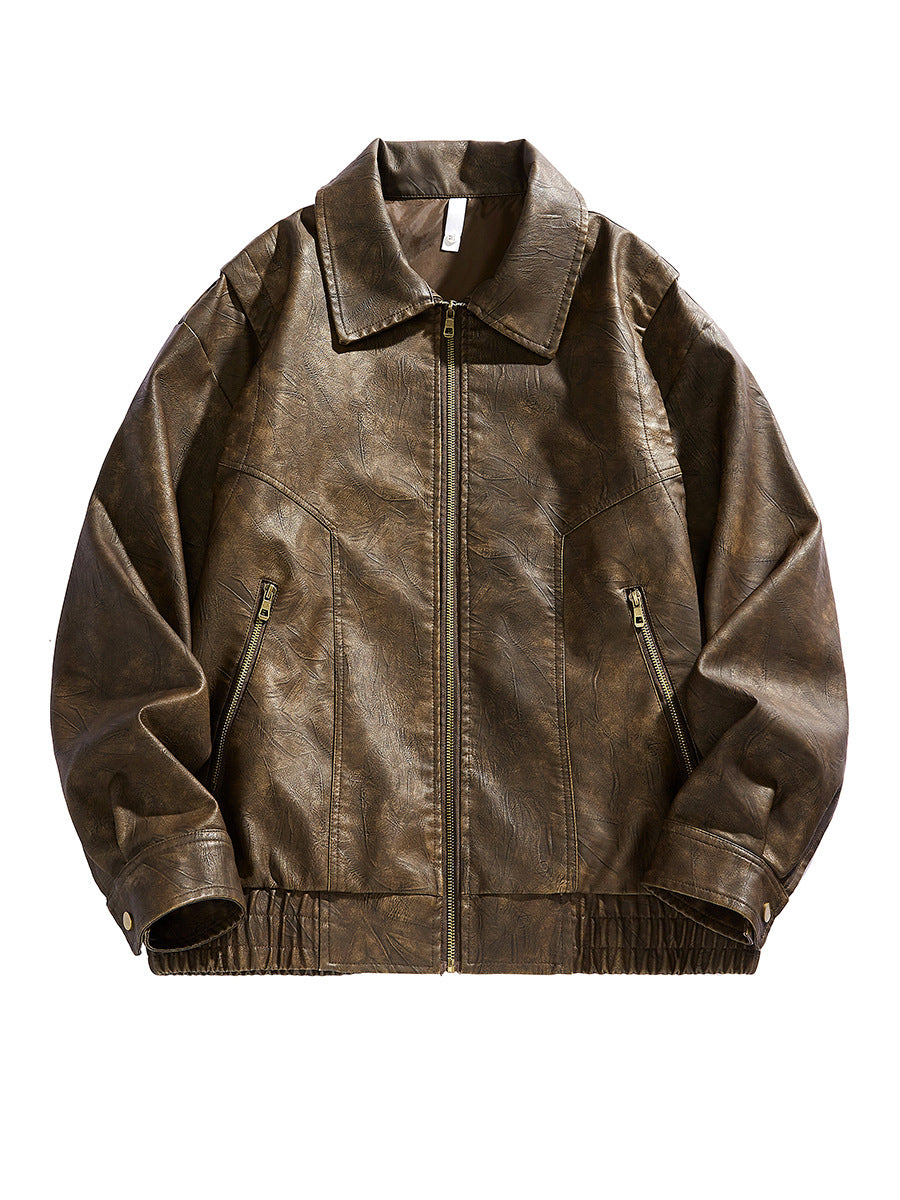 Amarae | Men's Short-Cut Leather Jacket with Elastic Waistband and Pockets