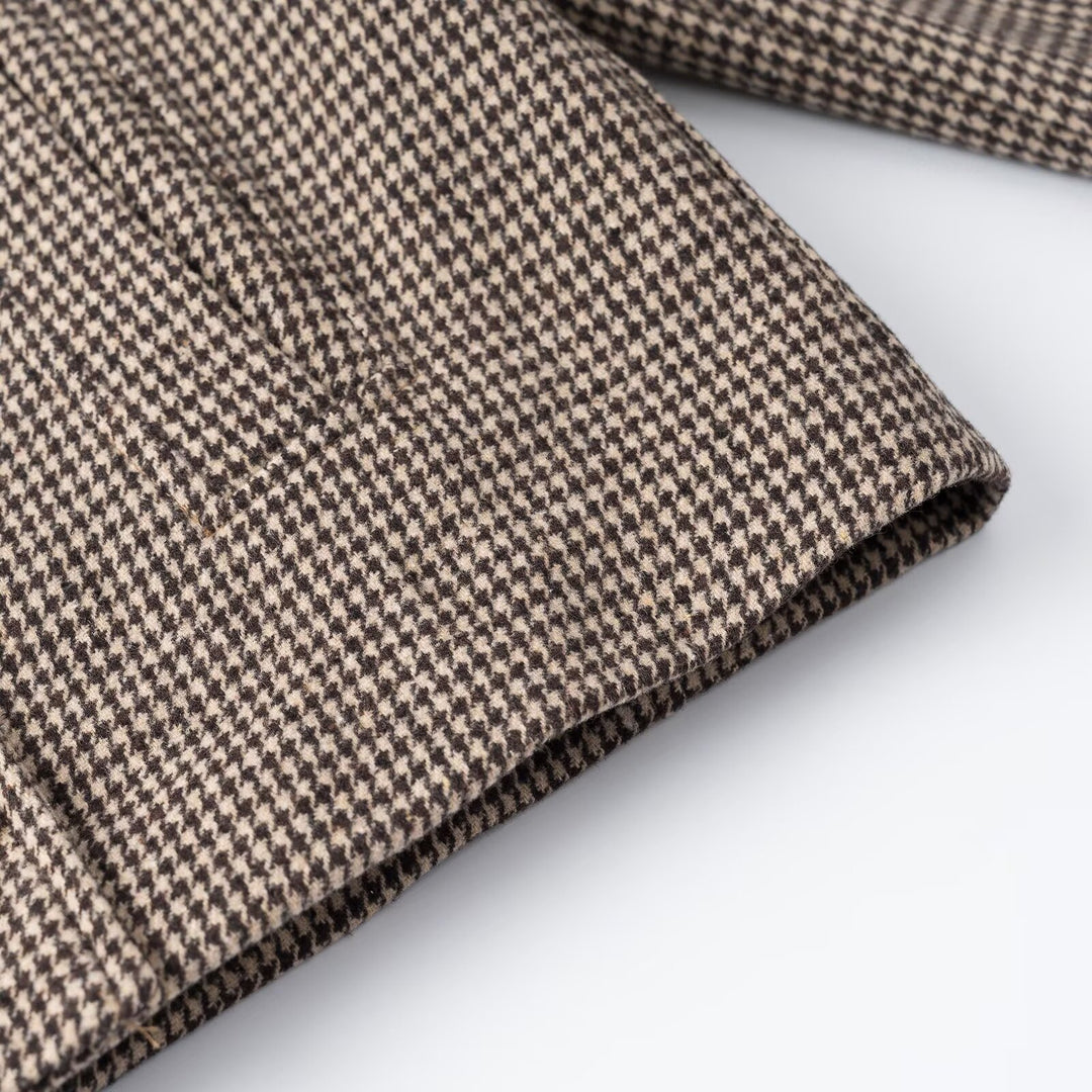Women's Short-Cut Double-Breasted Houndstooth Blazer with Tailored Silhouette and Golden Decorative Buttons Amarae