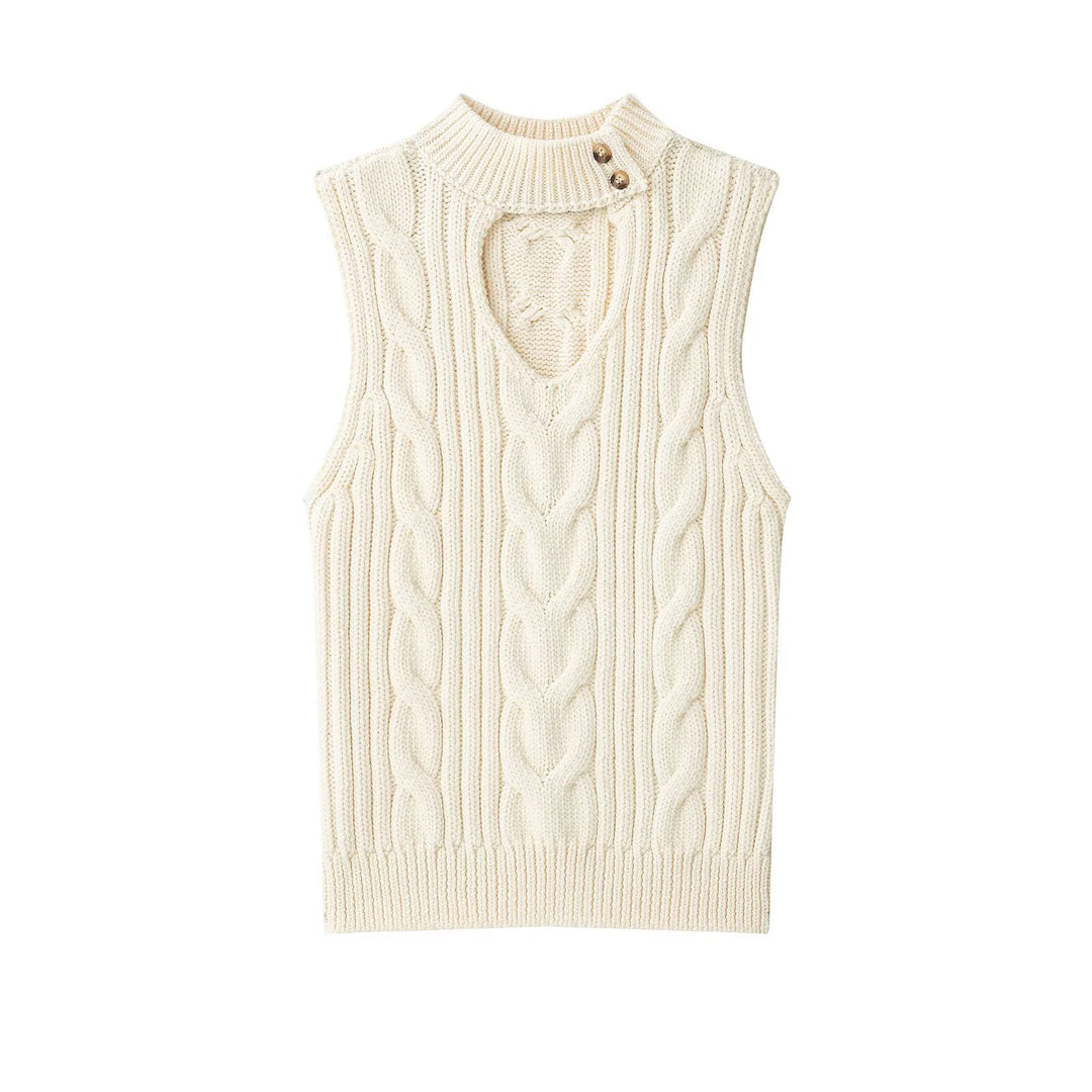 Women's Sleeveless Cable Knit Vest with Stand Collar and Button Detail Amarae