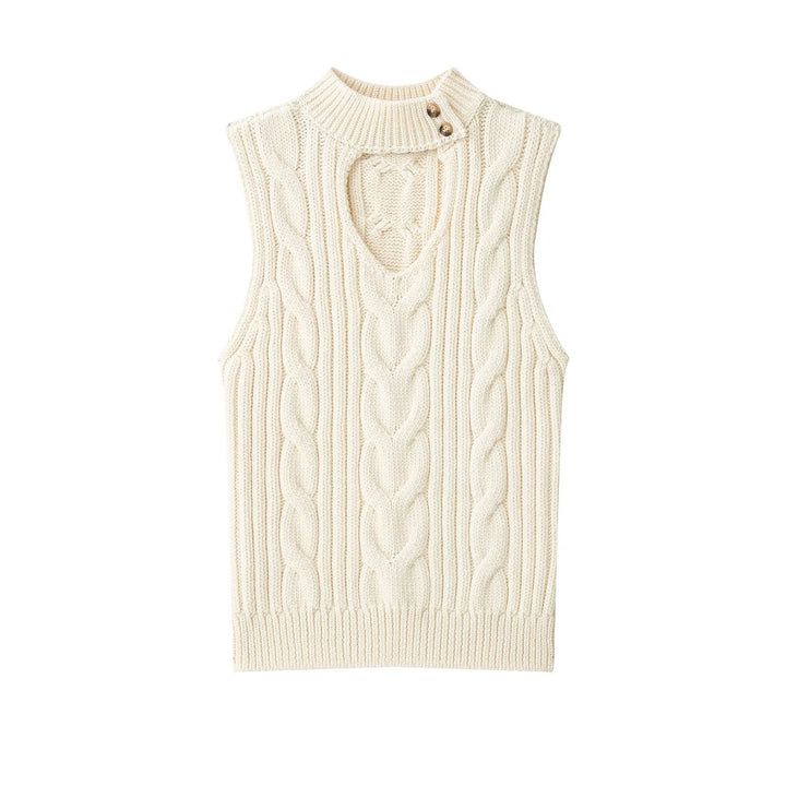 Women's Sleeveless Cable Knit Vest with Stand Collar and Button Detail Amarae