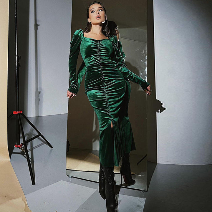 Midi dress for women with balloon sleeves and elegant waist design Lune London