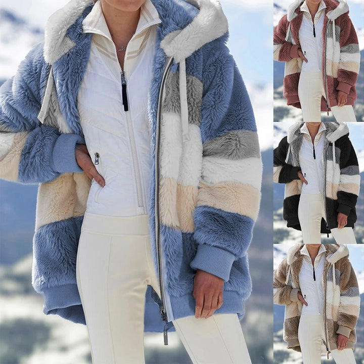 Women's Striped Oversized Teddy Jacket with Hood, Zipper and Ribbed Cuffs Amarae