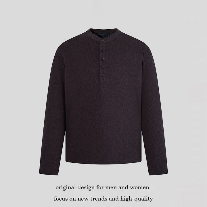 Men's Long Sleeve Henley Shirt with Stand Collar and Button Closure made of Textured Jersey Amarae