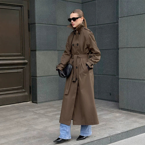 Women long cut water-repellent trench coat with high stand-up collar and waist belt Amarae