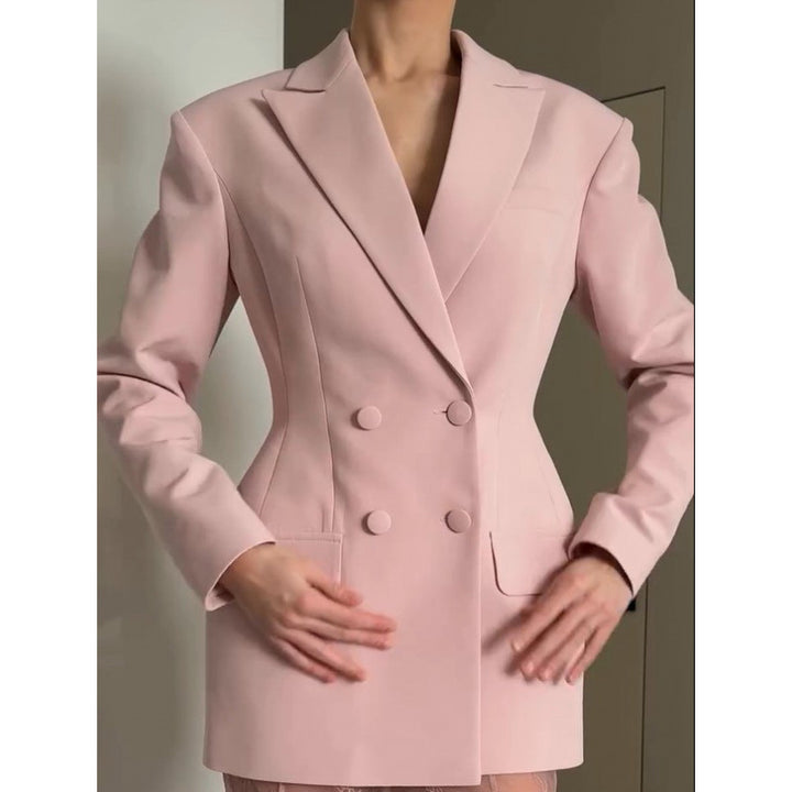 Women Tailored Double-Breasted Blazer with Emphasized Waist and Flap Pockets Amarae