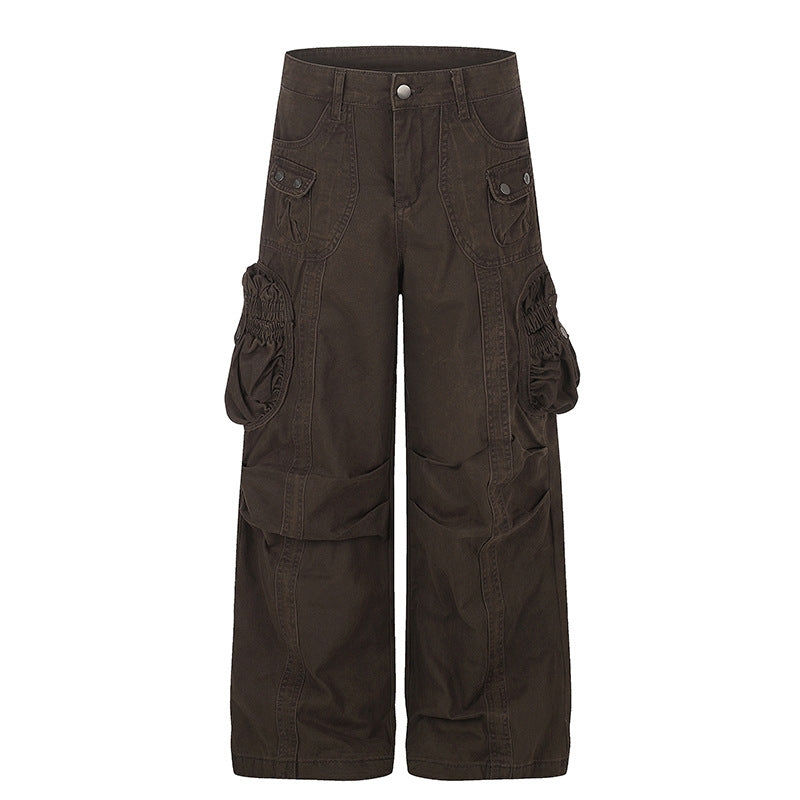 Women's wide utility cargo pants with gathered side pockets and decorative seams Amarae