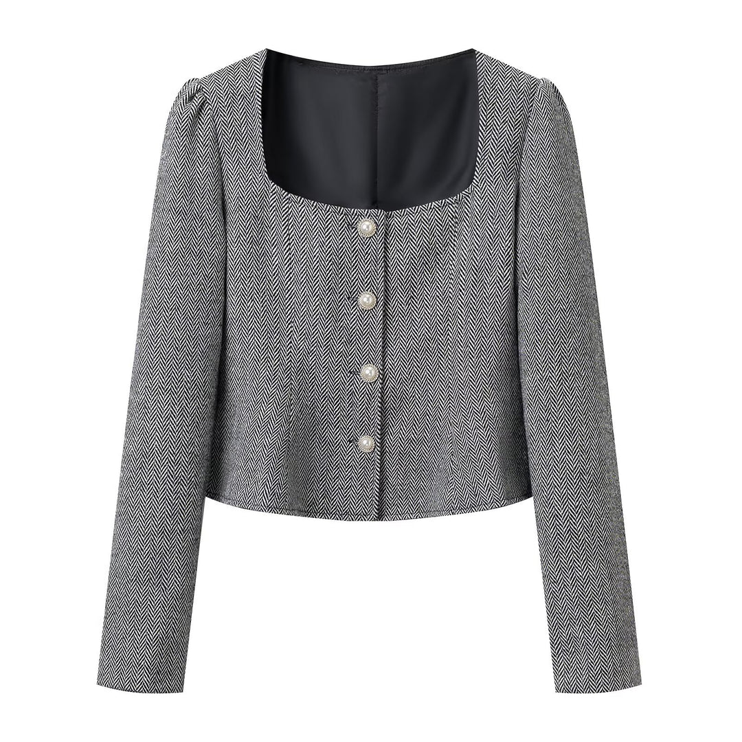 Women's short blazer with herringbone pattern, square neckline and decorative buttons Amarae