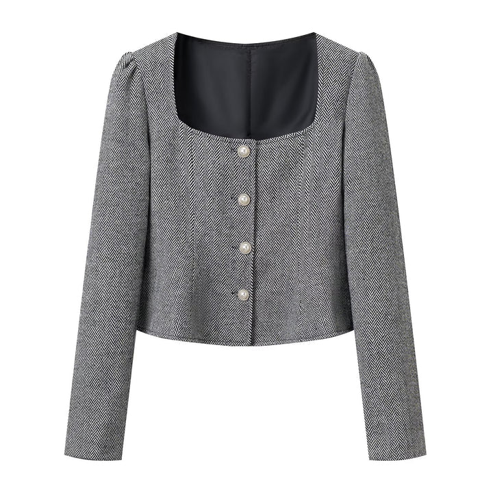 Women's short blazer with herringbone pattern, square neckline and decorative buttons Amarae