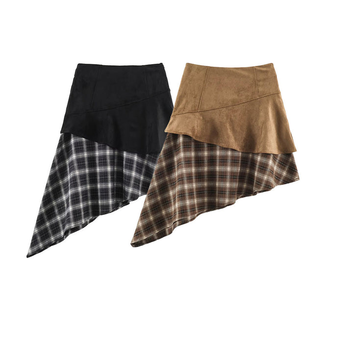 Women's asymmetrical layered skirt with faux leather overlay and checked chiffon ruffle Amarae
