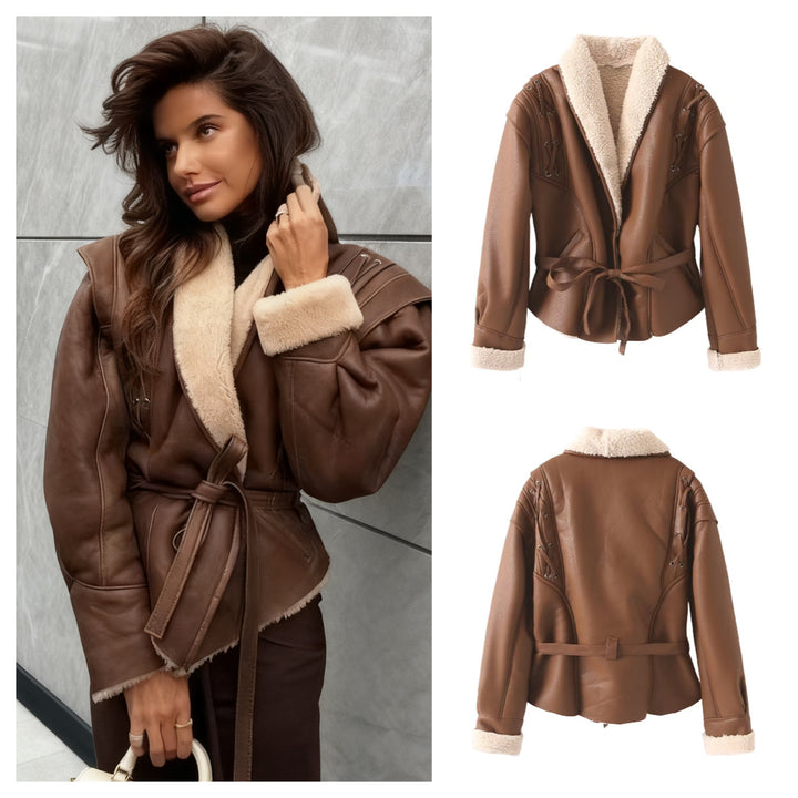 Veste en faux cuir pour femmes avec doublure en teddy luxueuse et détails de lacets artistiques Chic & Stil