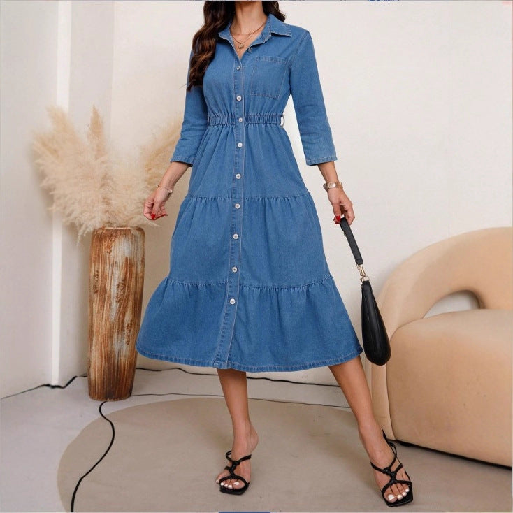 Women's button-down shirt dress made of denim with a waist-defining elastic band, button placket & tiered skirt Amarae