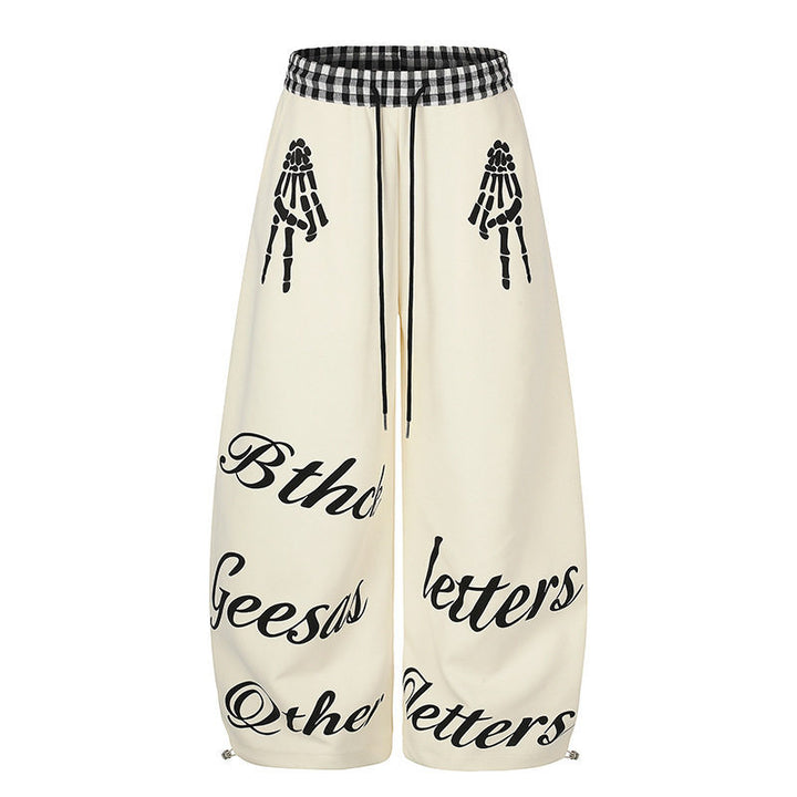 Women's Extra Wide Palazzo Sweatpants with Check Comfort Waistband, Drawstring, and Skeleton Print Amarae
