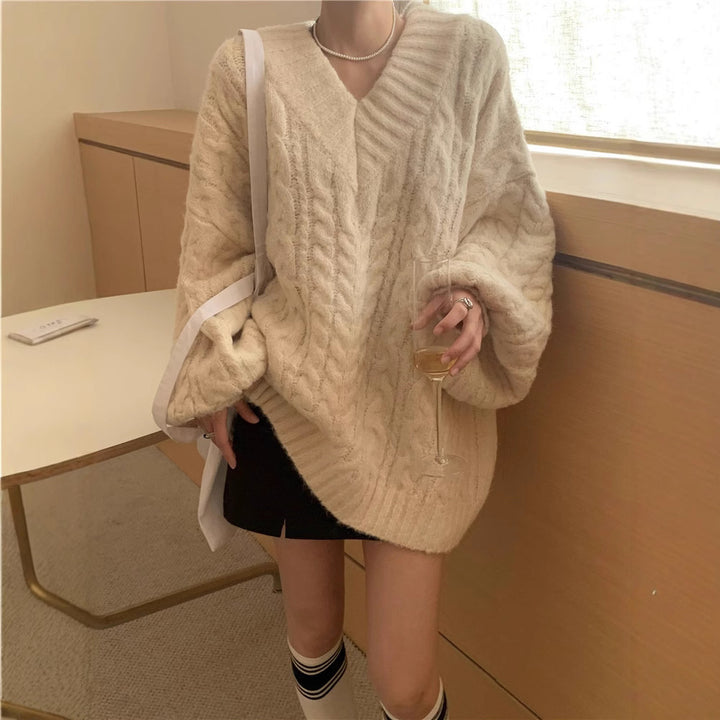 Pull en tricot épais pour femme avec des manches volumineuses et un col en V Chic & Stil