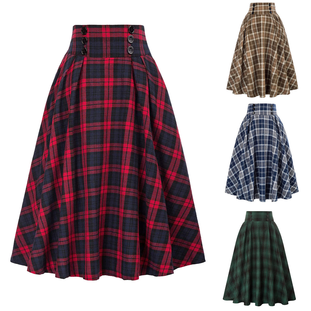 Women A-line Checkered Midi Skirt with Elastic Waistband Amarae