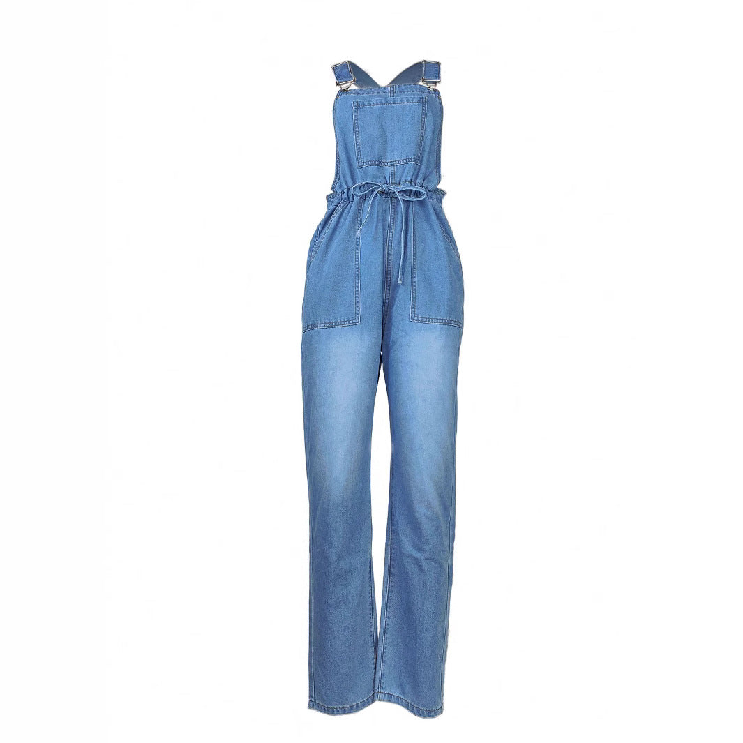 Women's Casual Denim Overall with Drawstring Waist and Patch Pockets Amarae