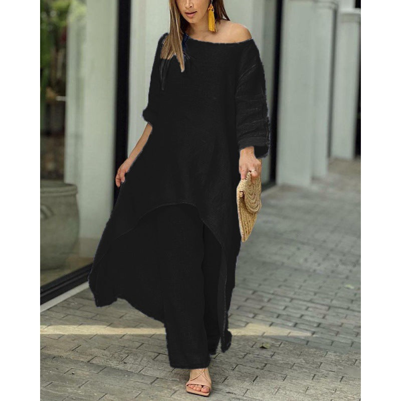 Women Lightweight Linen Two-Piece with Asymmetrical High-Low Tunic and Wide Palazzo Pants Amarae