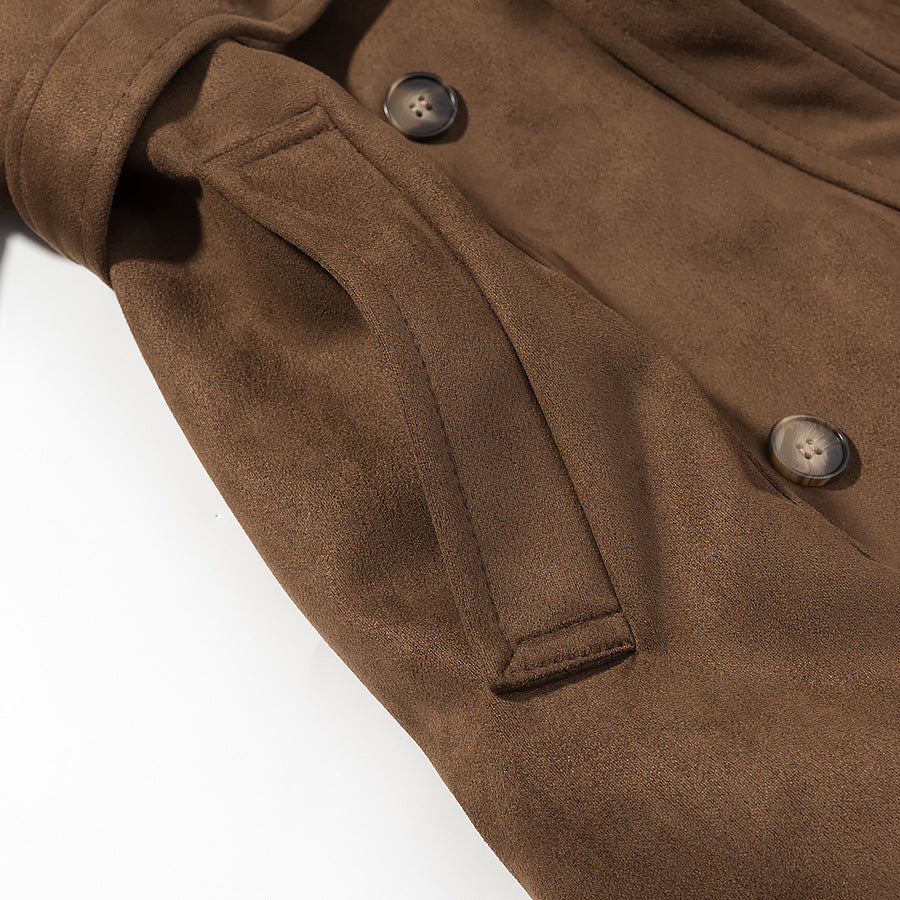 Women's short trench-style coat with double-breasted button placket, tie belt, and wide lapels Amarae