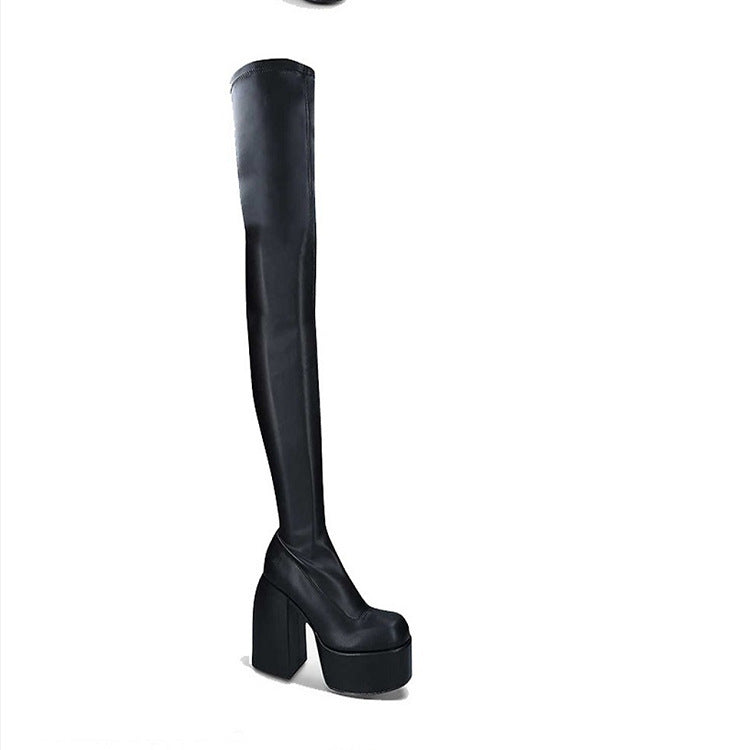 Knee-high boots for women with a chunky block heel and elastic upper material Lune London