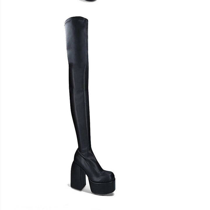 Knee-high boots for women with a chunky block heel and elastic upper material Lune London