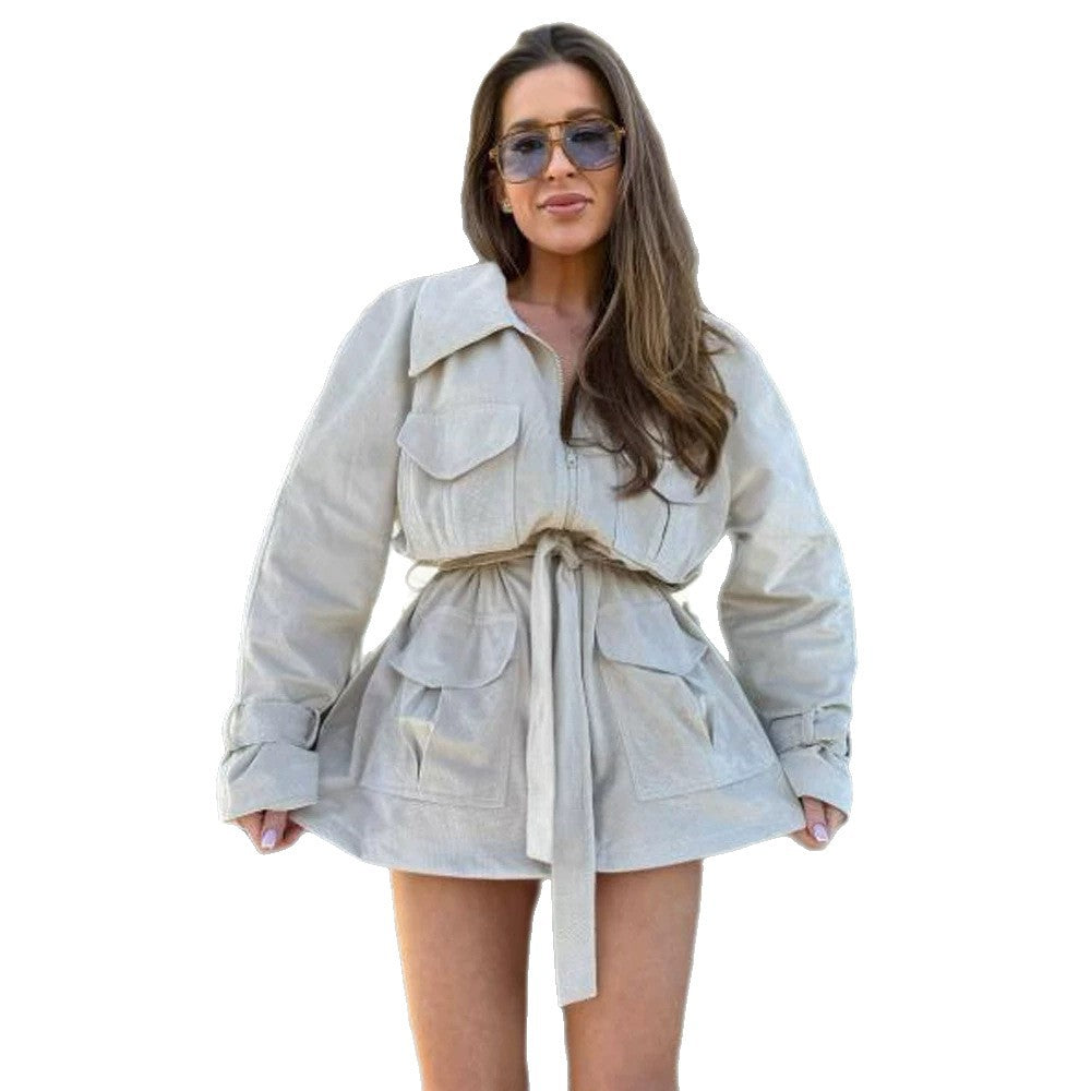 Ladies short jacket in utility shacket style with waist drawstring Amarae