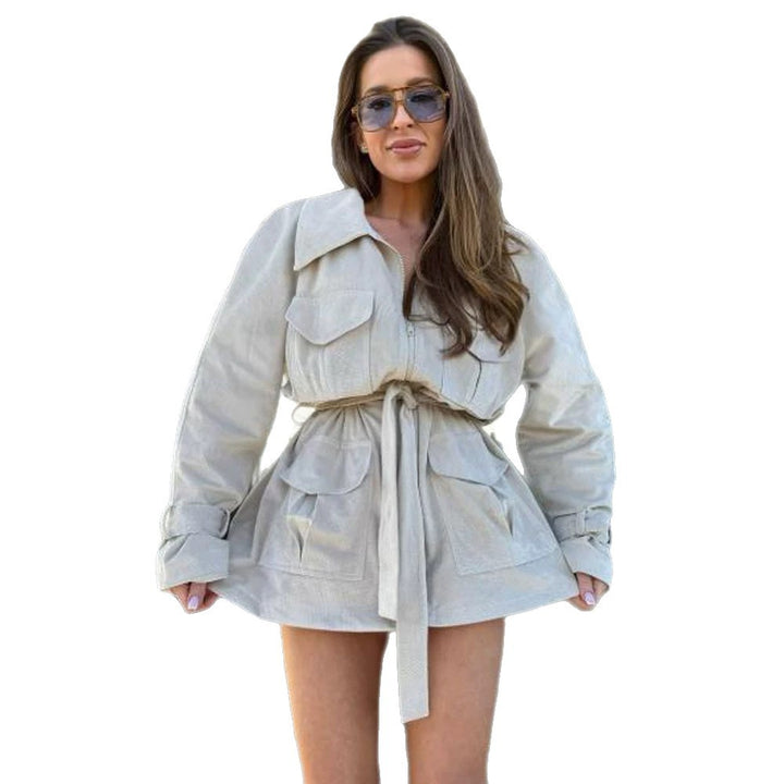 Ladies short jacket in utility shacket style with waist drawstring Amarae