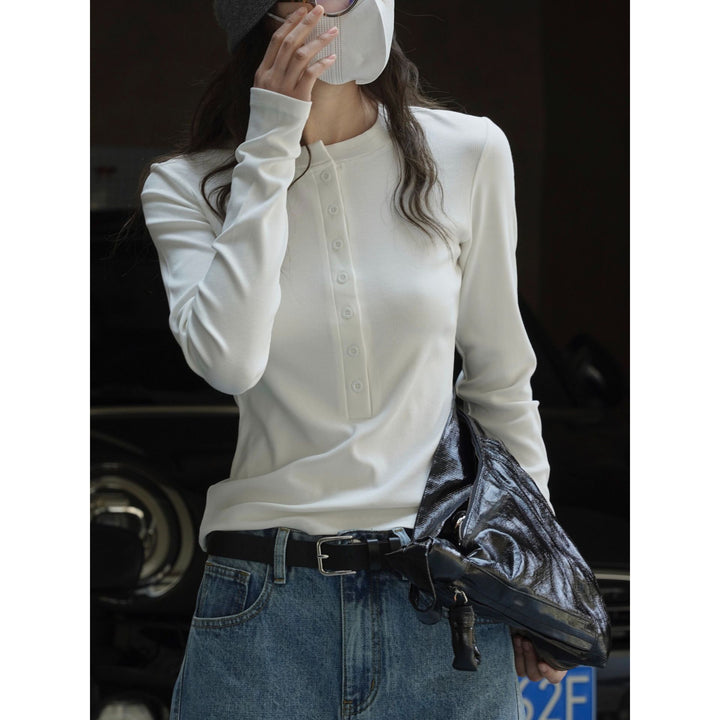 Women's Long Sleeve Henley Shirt with Button Placket and Slim Fit Amarae