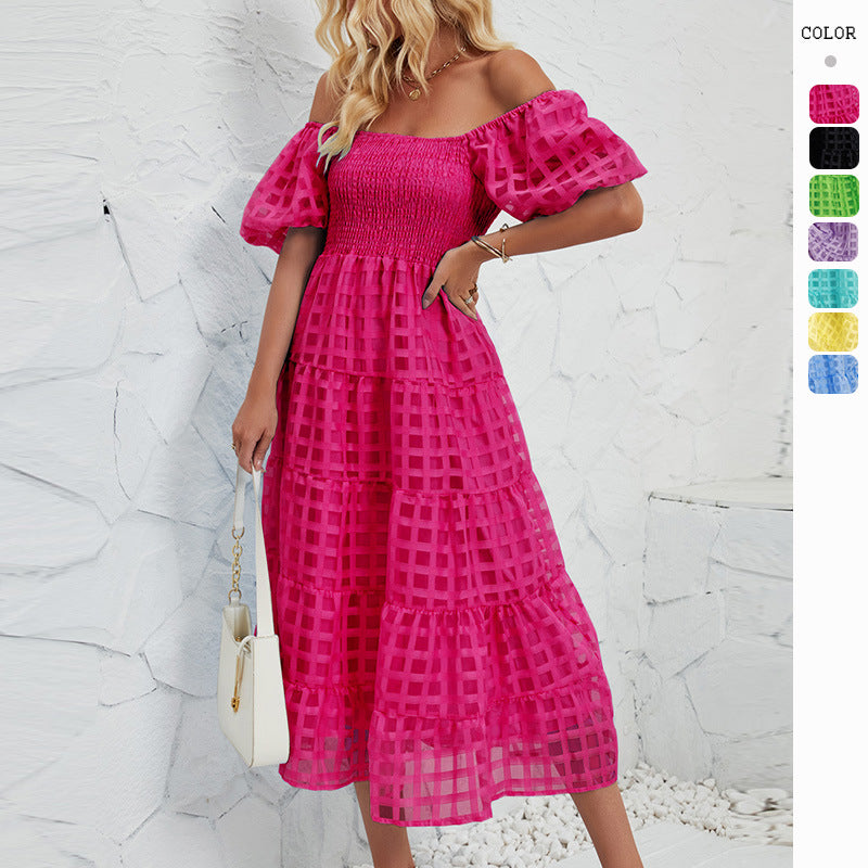 Women’s midi dress with puff sleeves and elastic waist belt Lune London