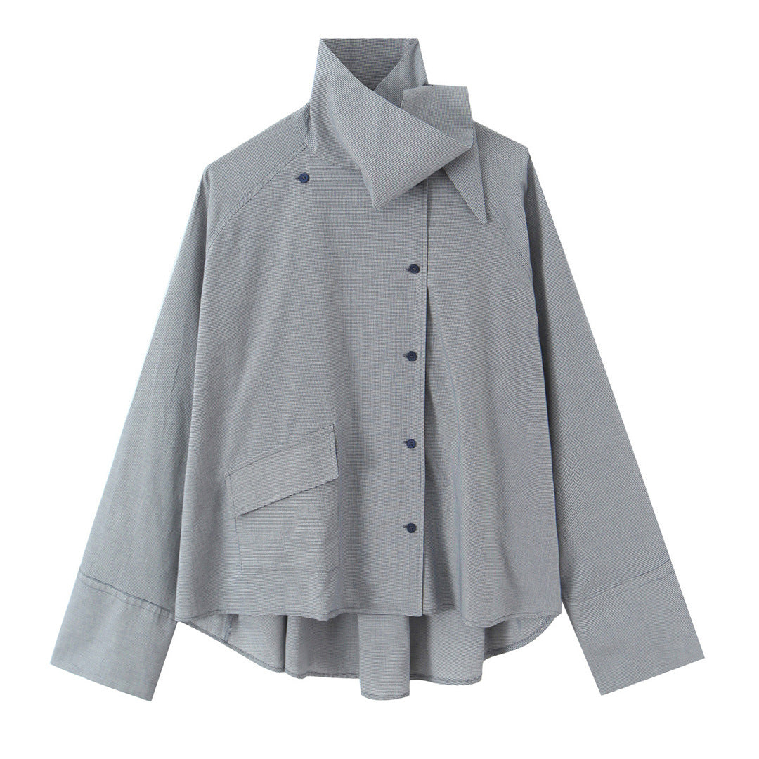 Women's oversized blouse with high shawl collar and asymmetrical button placket Amarae