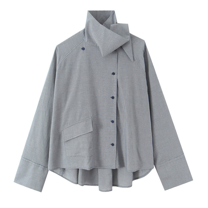 Women's oversized blouse with high shawl collar and asymmetrical button placket Amarae