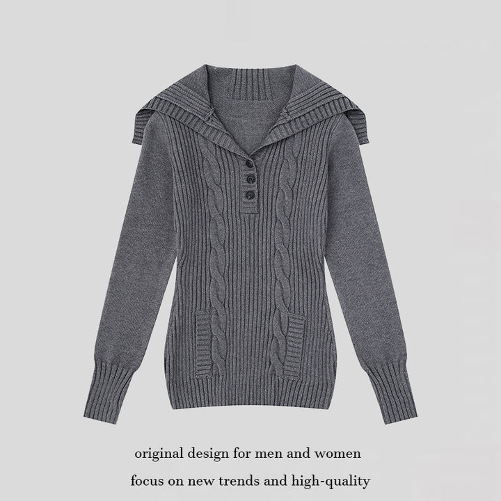 Women's knit sweater with cable pattern, shawl collar and button placket Amarae