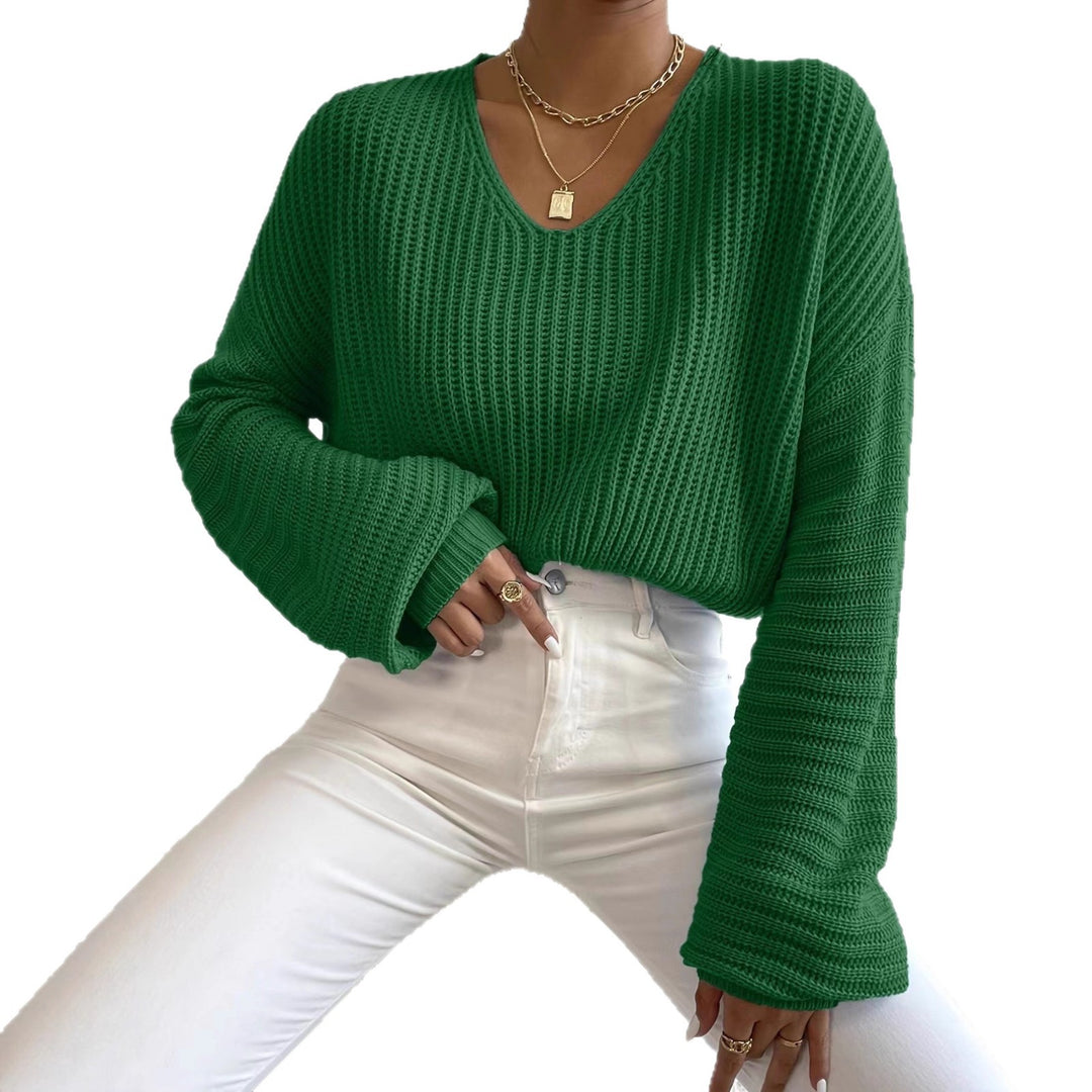 Casual knit sweater for women with wide V-neck and extra long sleeves Lune London
