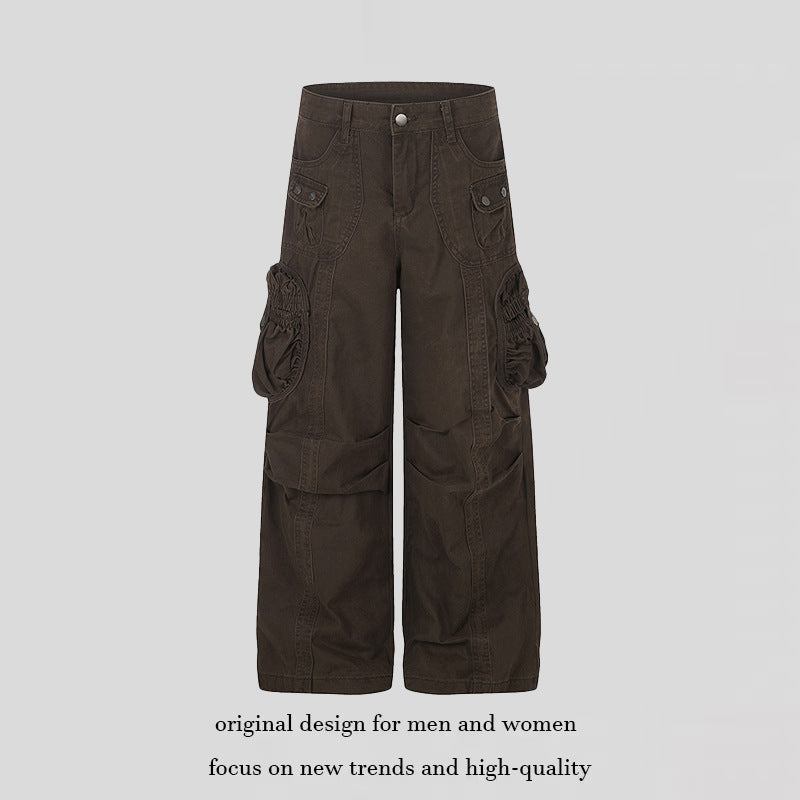 Women's wide utility cargo pants with gathered side pockets and decorative seams Amarae
