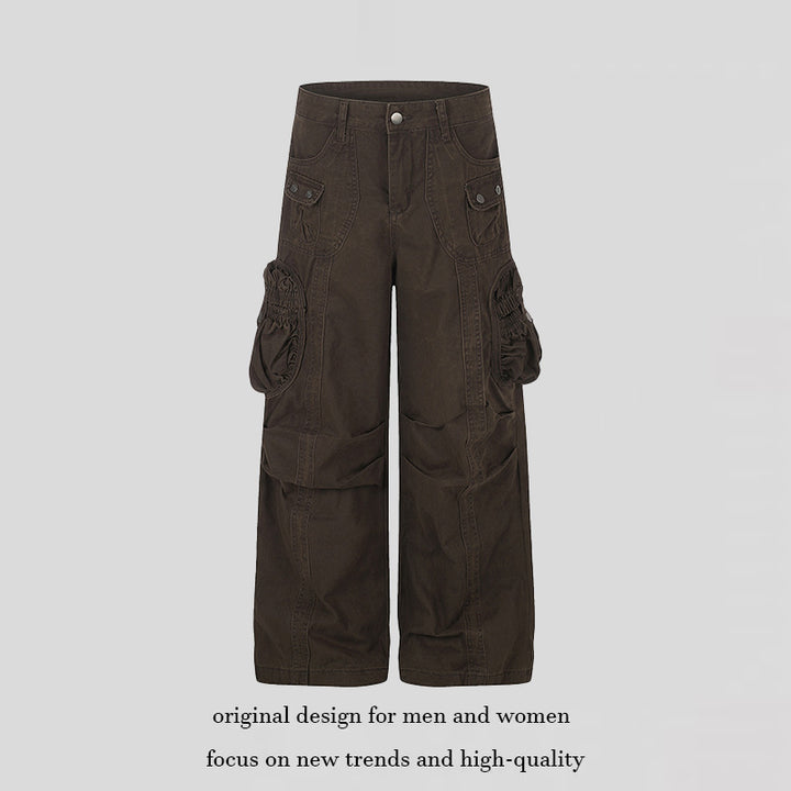 Women's wide utility cargo pants with gathered side pockets and decorative seams Amarae