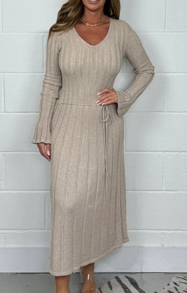 Lune London Women’s V Neck Maxi Knit Dress with Waist Cord
