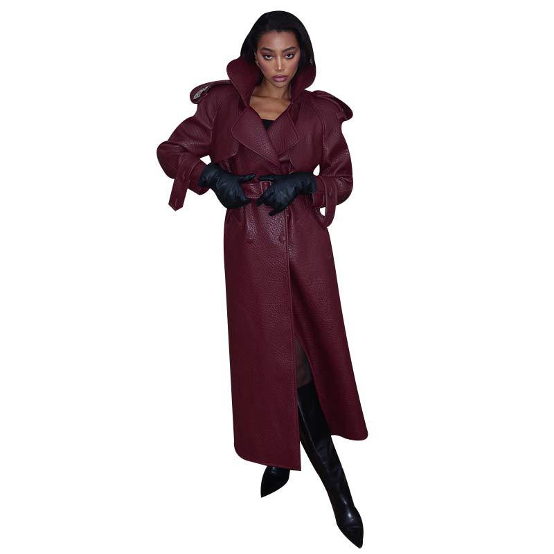Women's Faux Leather Trench Coat with Top and Waist Belt Lune London