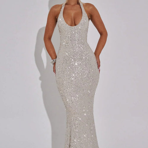 Women's Glamorous Sequin Maxi Dress with Deep V-Neck and Slim Fit Amarae