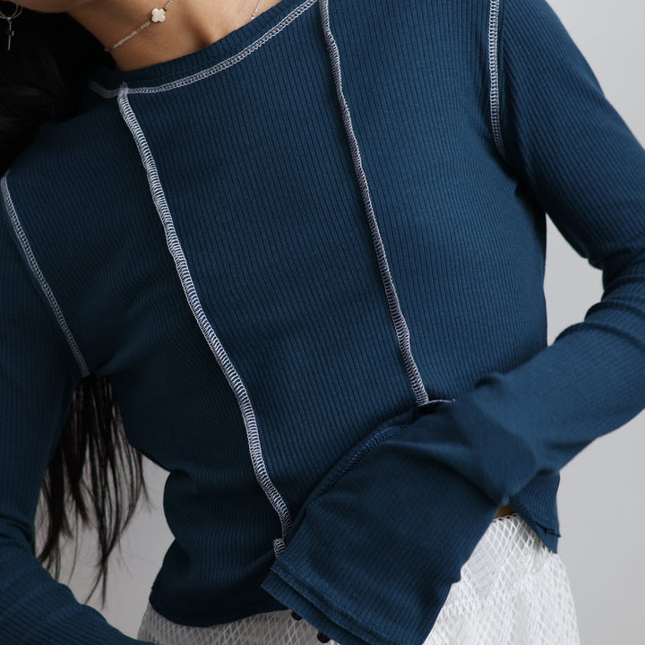 Casual long-sleeve top for women with a ribbed texture inspired by retro years and contrasting seams Lune London