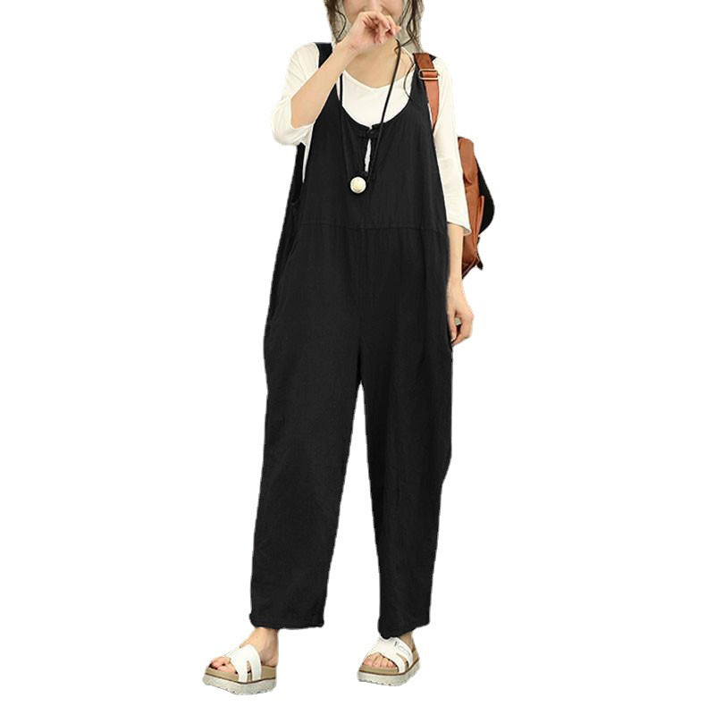 Women Casual Harem Jumpsuit made of Linen with Adjustable Straps and Side Pockets Amarae