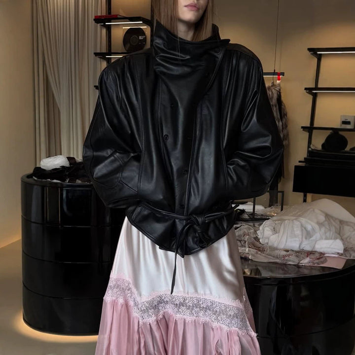 Ladies Oversize Faux Leather Bomber Jacket with High Standing Collar and Waist Belt Amarae