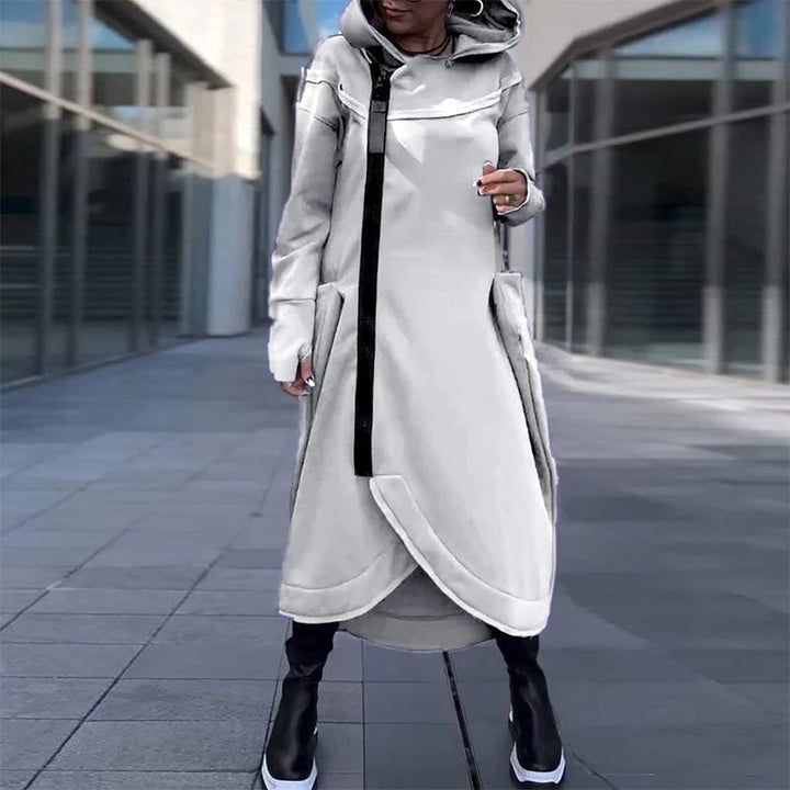 Modern women's hooded coat with side pockets and asymmetrical hem Lune London