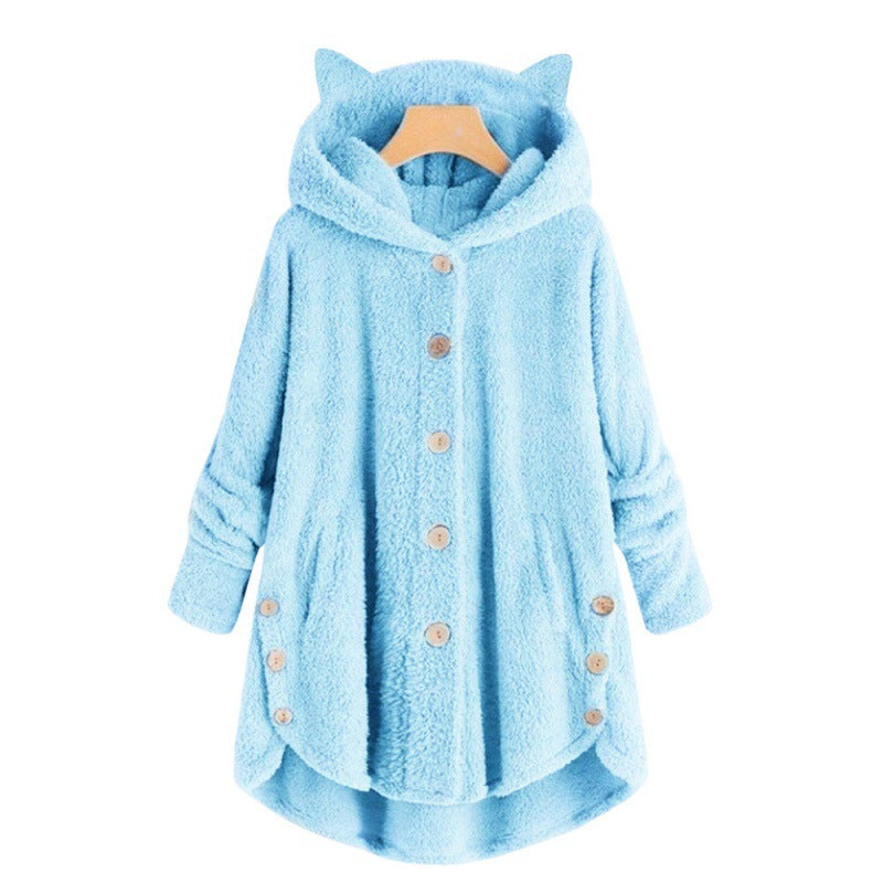 Women's Hooded Teddy Coat with Cat Ears, Button Placket and Asymmetrical Hem Amarae