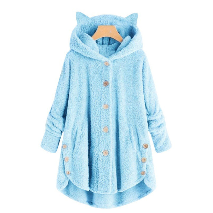 Women's Hooded Teddy Coat with Cat Ears, Button Placket and Asymmetrical Hem Amarae