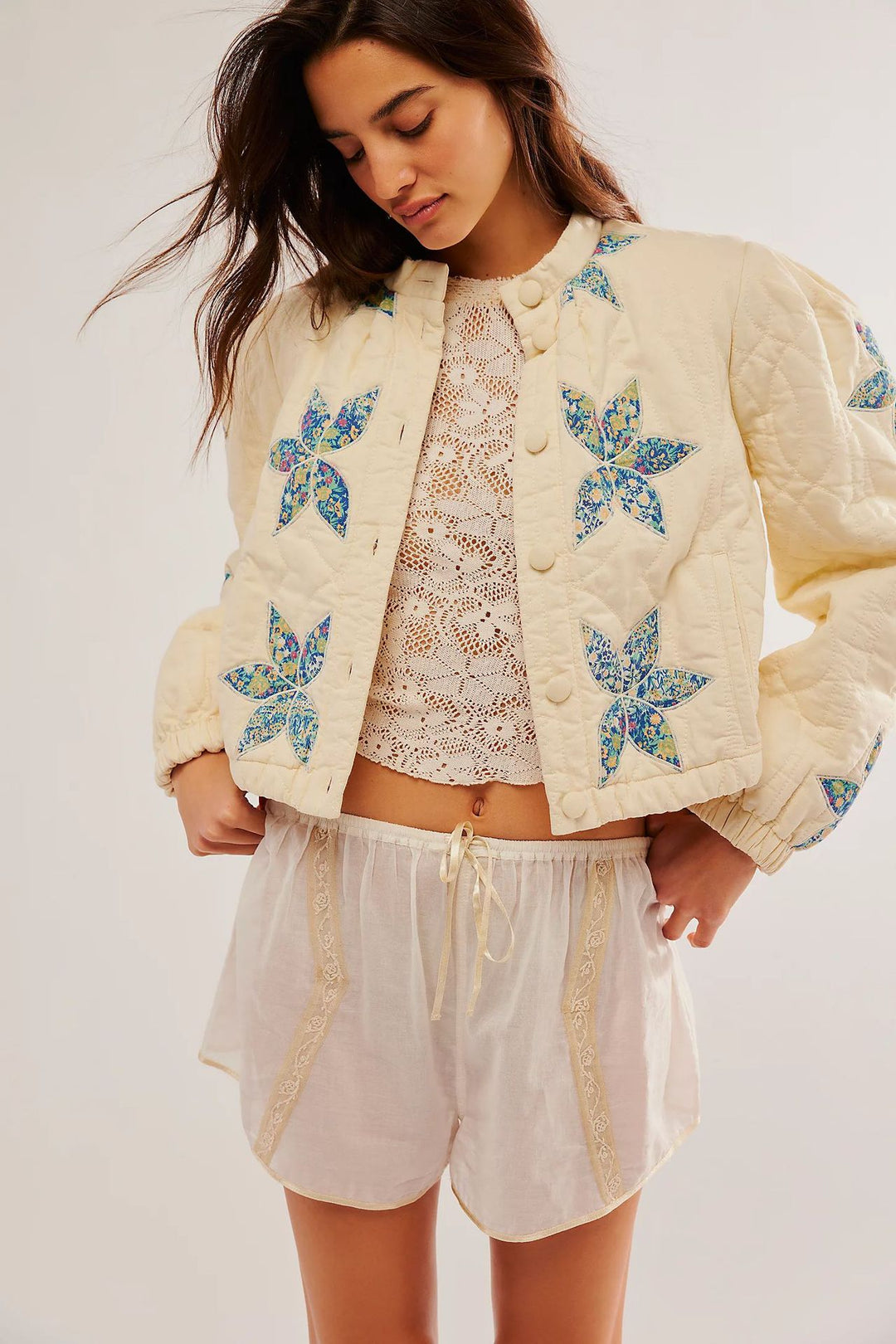 Ladies quilted bomber jacket with floral design Lune London