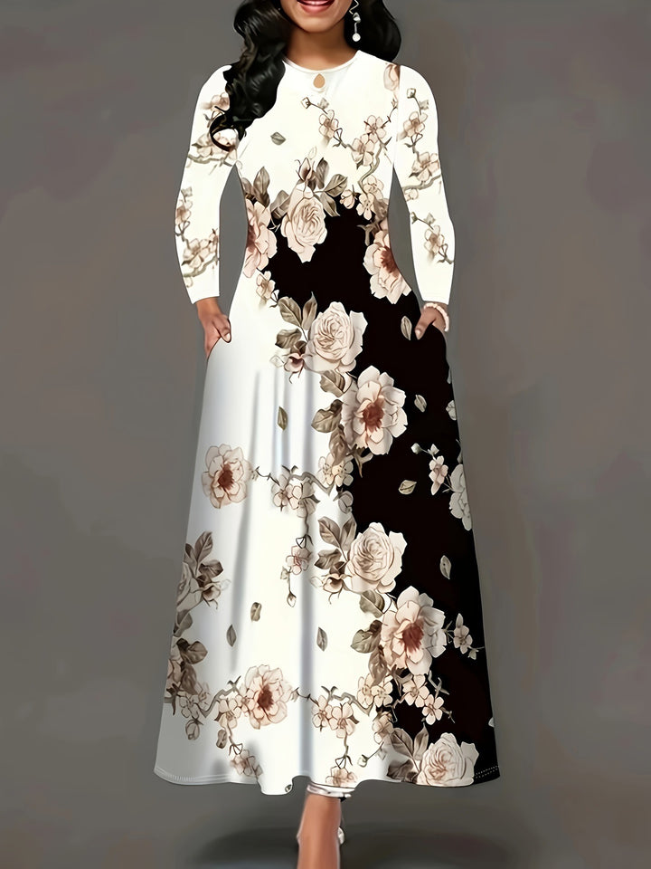 Maxi dress for women with floral design and discreet side pockets Lune London